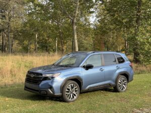 2025 Subaru Forester Touring, front 3/4. Image by Robin Warner