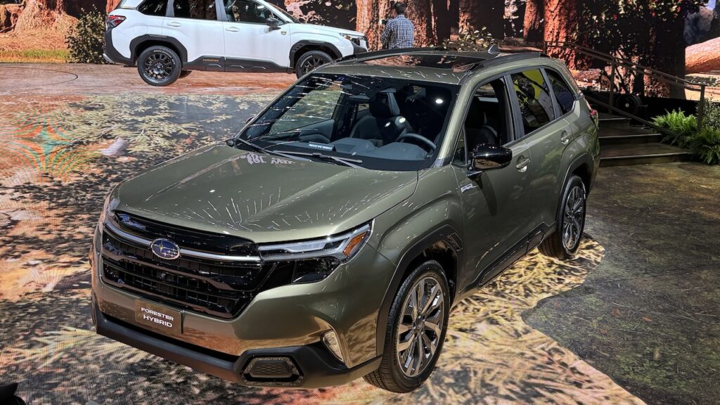 2025 Subaru Forester Hybrid. At the Chicago Auto Show. Front 3/4. Image by Robin Warner